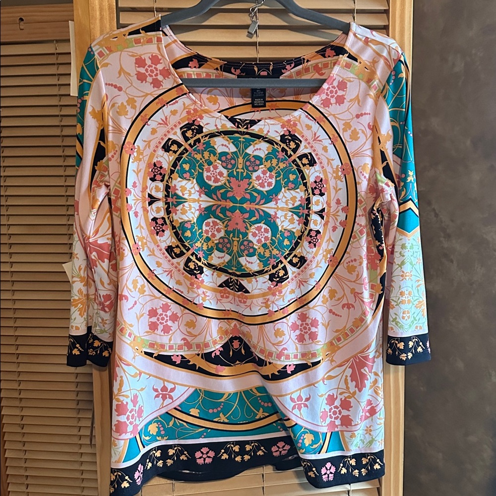 Style & Co. Woman’s peach and black pattern blouse quarter length sleeve